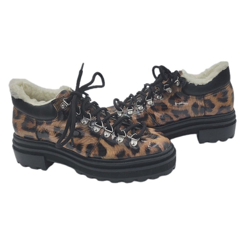 NEW Schutz Lucille Leopard Print Faux Shearling Ankle Boot Lug Sole Size 7B